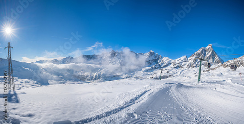 Panoramic view of Italian Alps from Cime Bianche in the winter in the Aosta Valley region of northwest Italy. © beataaldridge