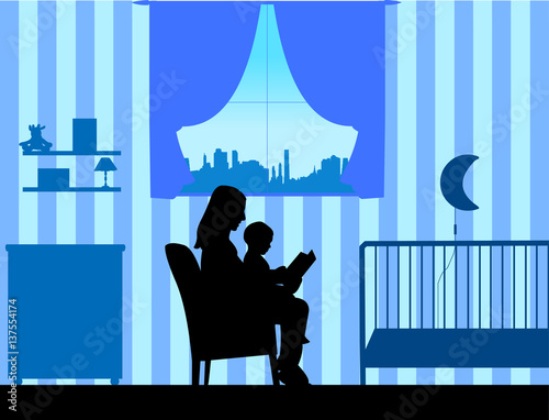 Mother reading his son a bedtime story in the room, one in the series of similar images silhouette