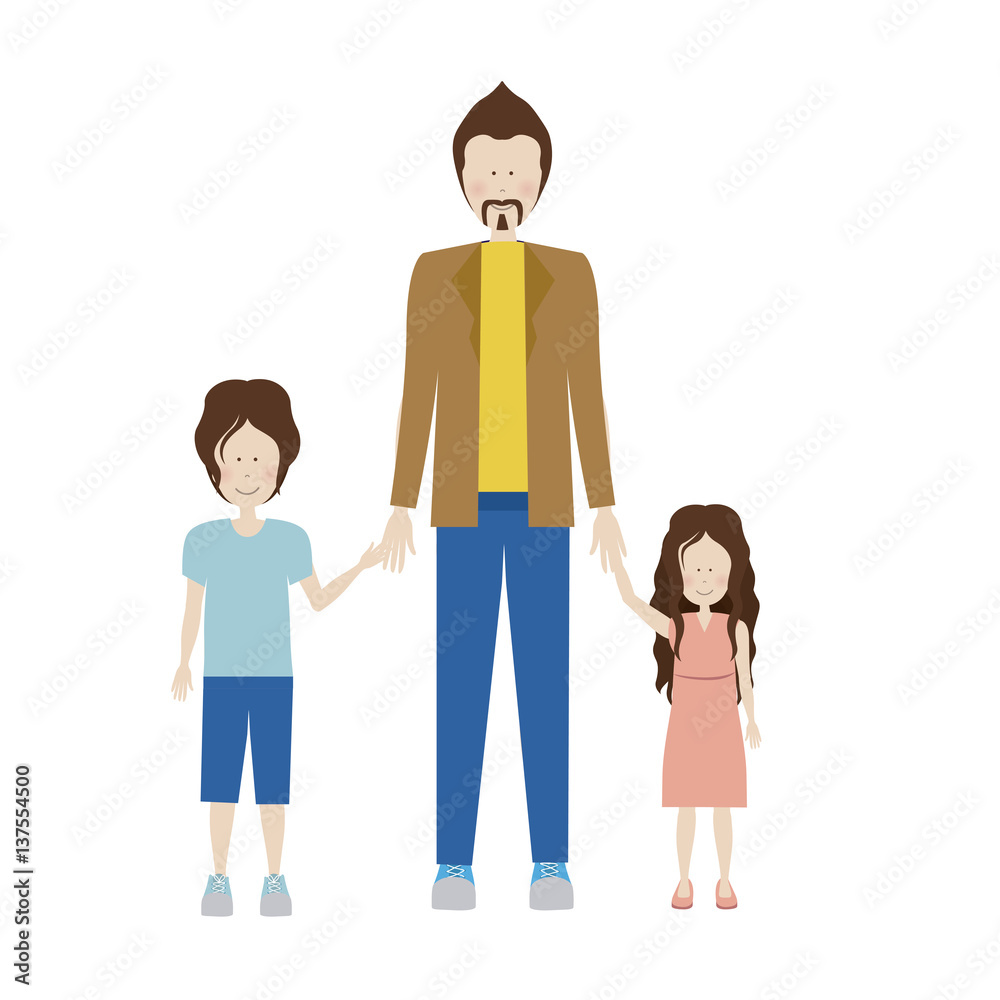 color silhouette with kids and dad with jacket and mustache vector illustration