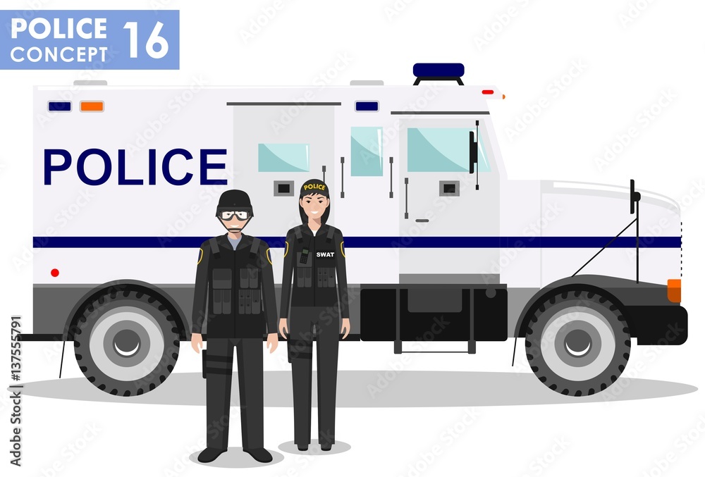 Police concept. Detailed illustration of SWAT officer, policeman, policewoman and armored car in flat style on white background. Vector illustration. Police concept. Detailed illustration of SWAT officer, policeman, policewoman and armored car in flat style on white background. Vector illustration.