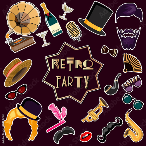 Vector set of elements for a retro party. Suitable for flyers, banners, illustrations, photo booth props. Art Deco style.