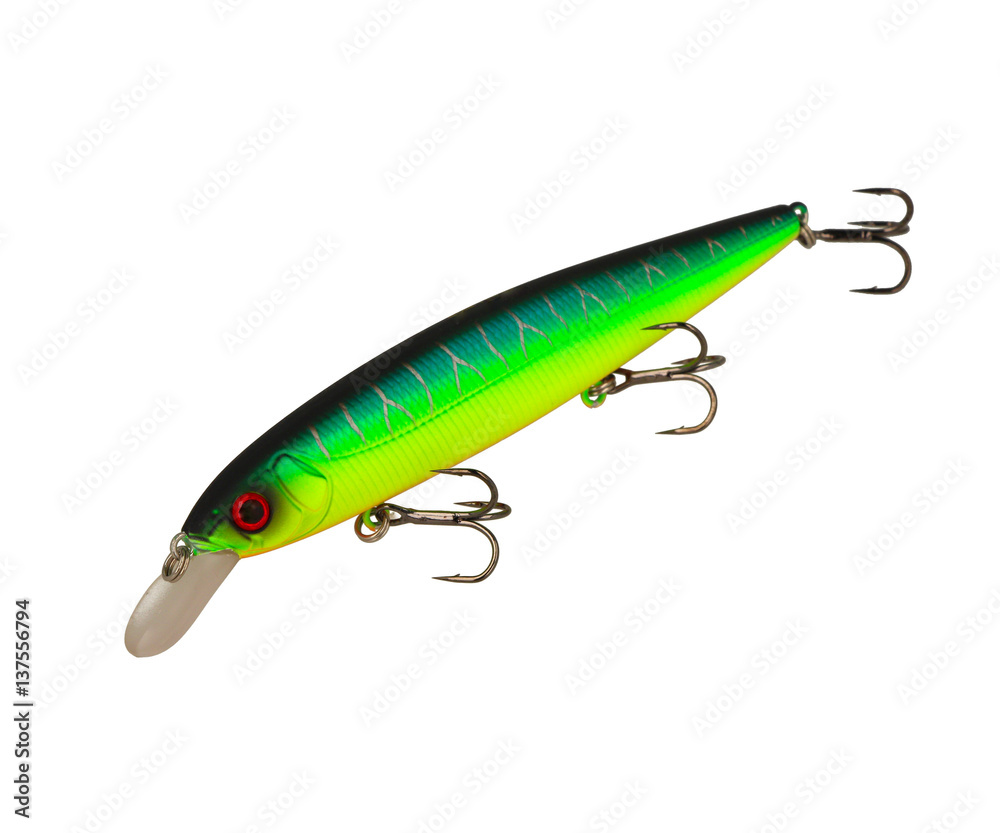 Fishing lure isolated on white. Wobbler in three color. Green and black. Fishing lure isolated on white. Wobbler in three color. Green and black.