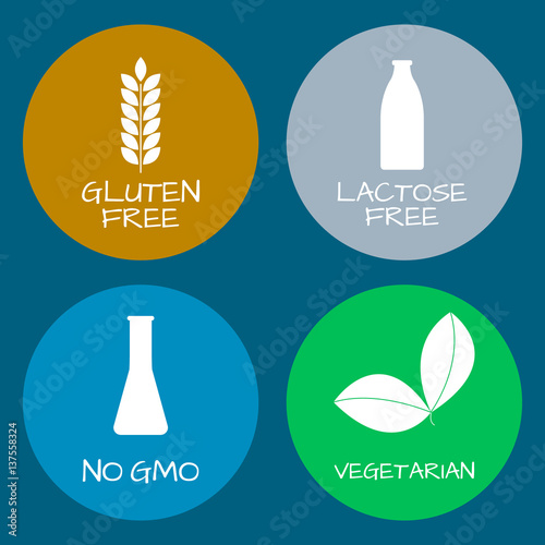 Set of food labels - allergens, GMO free products. Food intolerance symbols collection. Vector illustration.