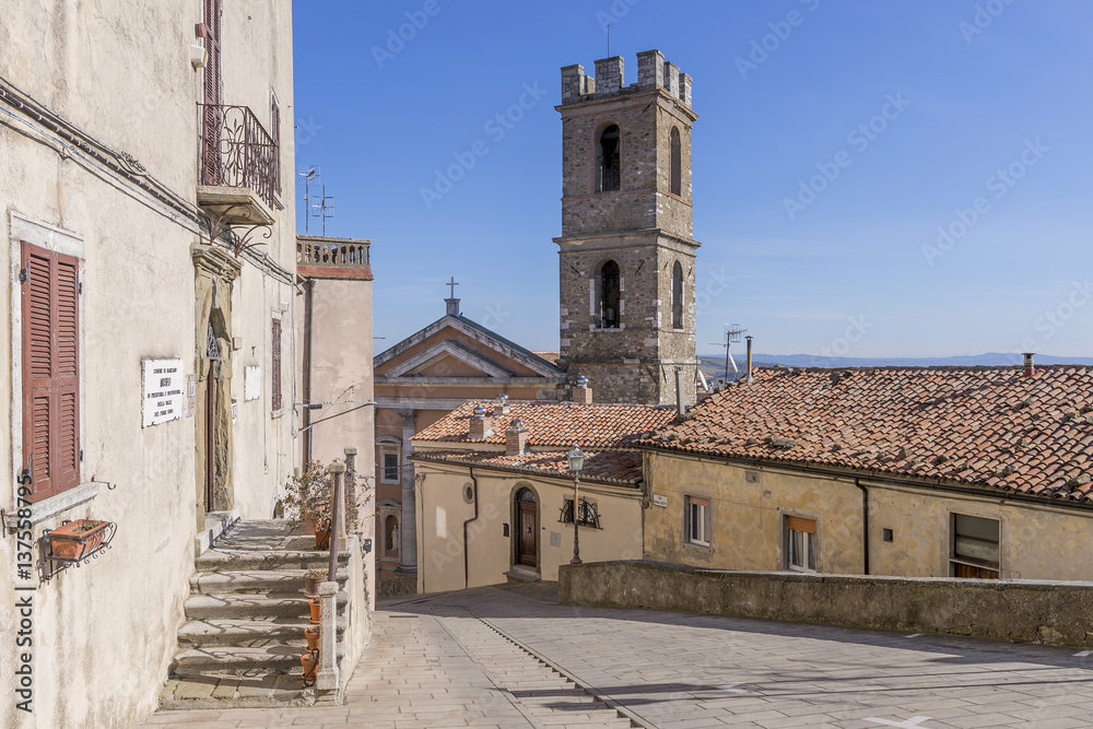 The central Piazza Magenta square in the historic center of Manciano, Grosseto, Tuscany, Italy, on a sunny day