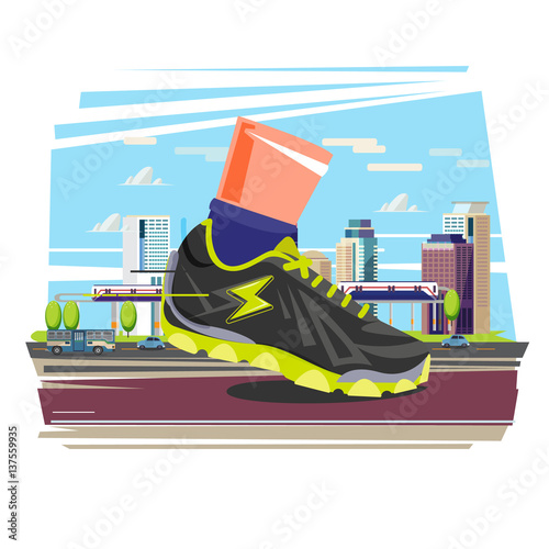 Giat running shoe with city in background. city running and sport concept - vector illustration