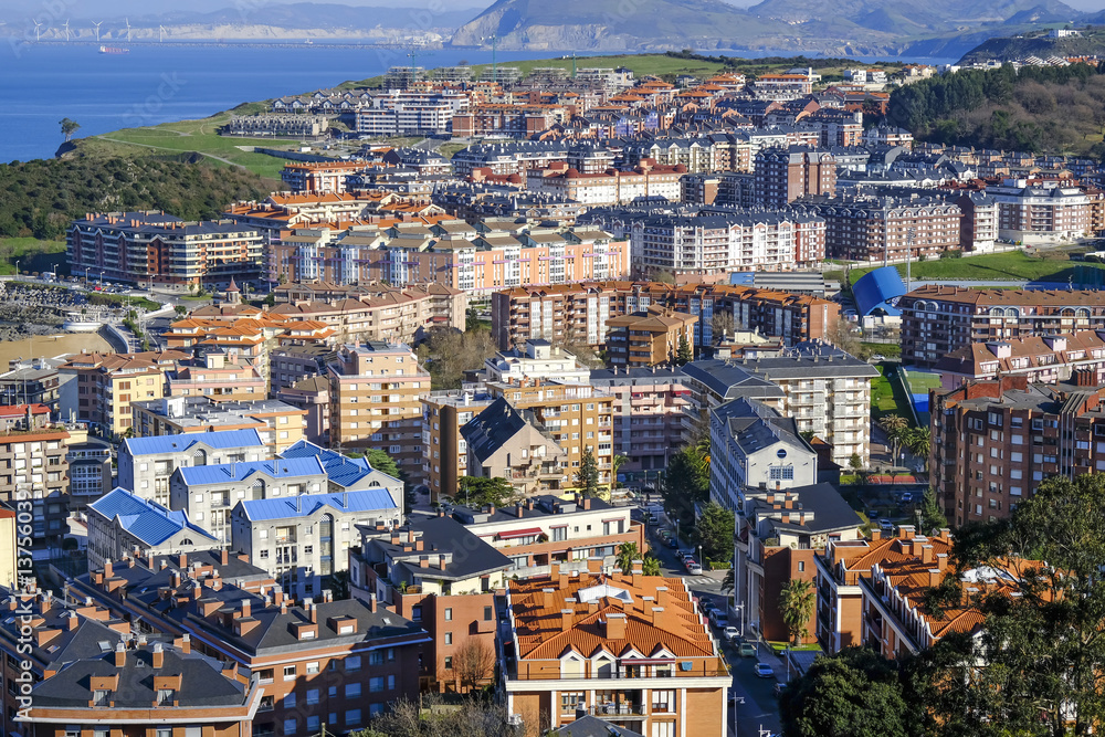 Aerial view of residential area in Castro Urdiales, Cantabria, north of Spain.