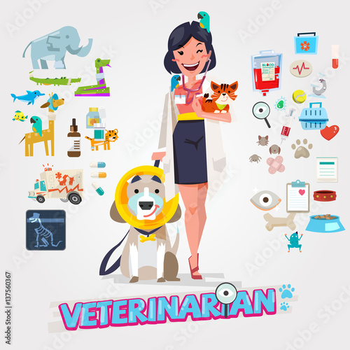 Cute Veterinarian. Character design with icon set, zoological medicine - vector