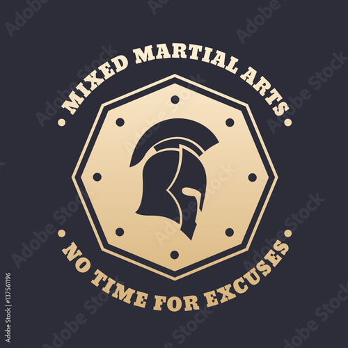MMA, mixed martial arts vintage emblem, logo, print with spartan helmet, gold over dark