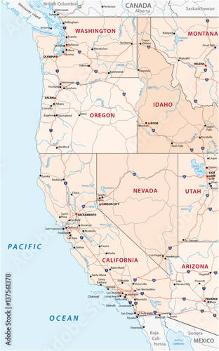 Roads, political and administrative map of the Western United States of America