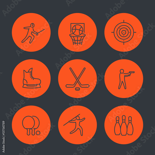sports, games, team sport line icons set, fencing, hockey, skating, ping pong, basketball