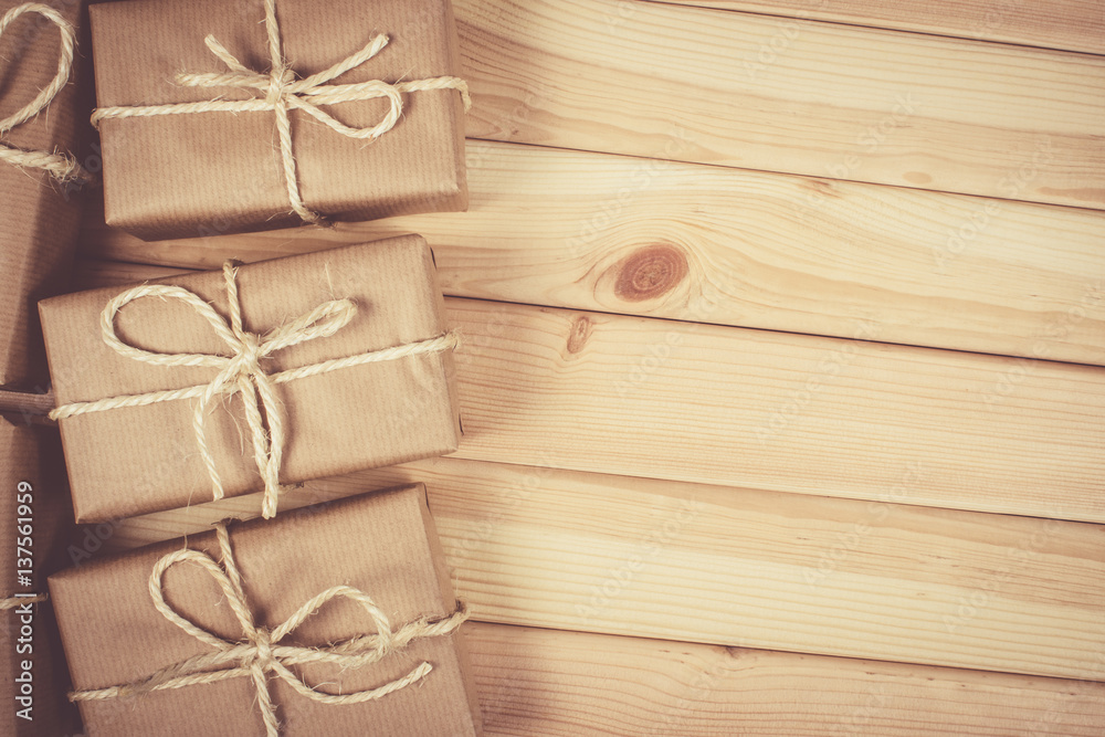 Rustic parcels gift box with kraft paper. Rustic parcels gift box with kraft paper.