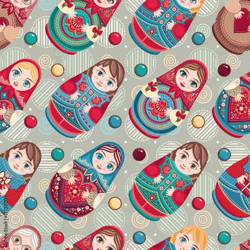 Matryoshka. Babushka doll. Seamless pattern. Colorful image