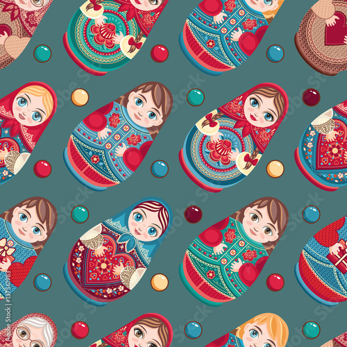 Matryoshka. Babushka doll. Seamless pattern. Colorful image