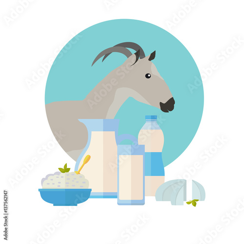 фотографія Goat Icon with Milk Products. Dairy Set