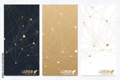 Modern set of vector flyers. Geometric abstract presentation. Molecule and communication background for medicine, science, technology, chemistry. Golden cybernetic dots. Lines plexus. Card surface.