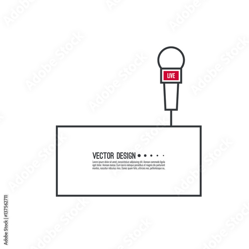 Journalism concept. Live news template with microphone. Symbol breaking news on TV and radio. Journalist, interview, reporter, press, interviewer, mass media, paparazzi, mic text box Vector