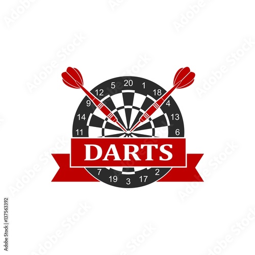 Darts label sports emblem and symbol isolated on white background. Dart board target with darts arrow icon. Vector Illustration