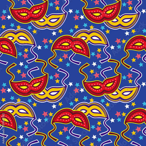Seamless pattern with carnival masks. Raster clip art.