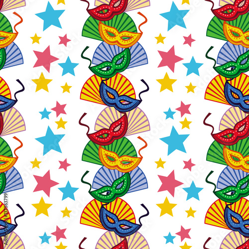 Seamless pattern with carnival masks. Raster clip art. © LaFifa