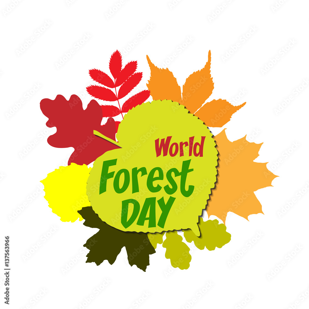 International day of forest Lettering Typography with different oak, marple, rowan tree leaves isolated on a white background. Vector illustration for cards, banners, print International day of forest Lettering Typography with different oak, marple, rowan tree leaves isolated on a white background. Vector illustration for cards, banners, print