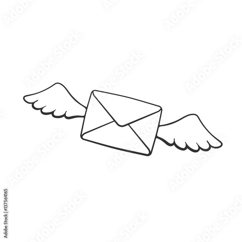Doodle of flying closed envelope with wings