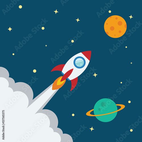 Rocket flat design concept for Project start up and development process.Space rocketship launch.Flying rocket space travel to the planet for business innovation product,creative idea and management.