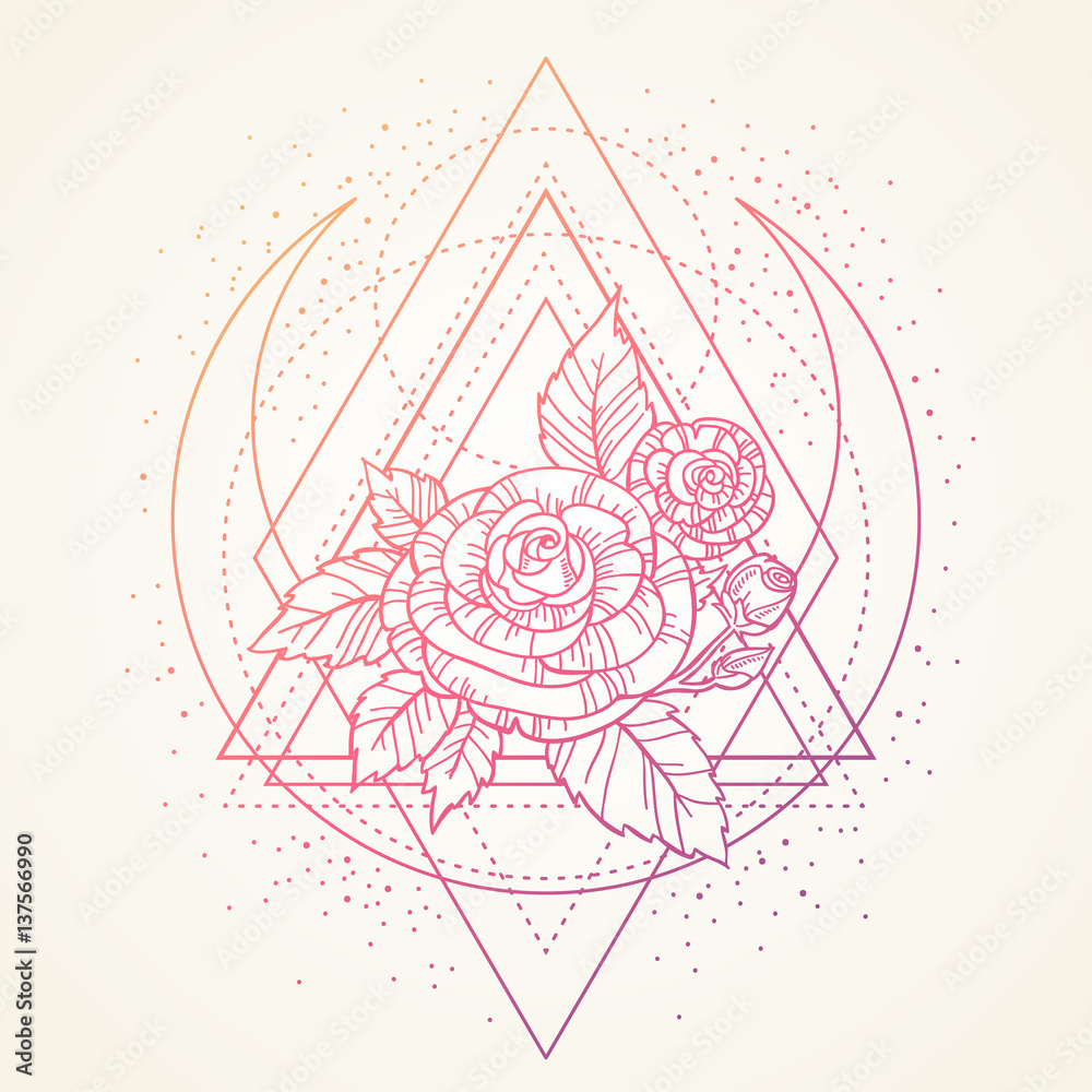 Vettoriale Stock rose flower with sacred geometry frame. Tattoo, mystic