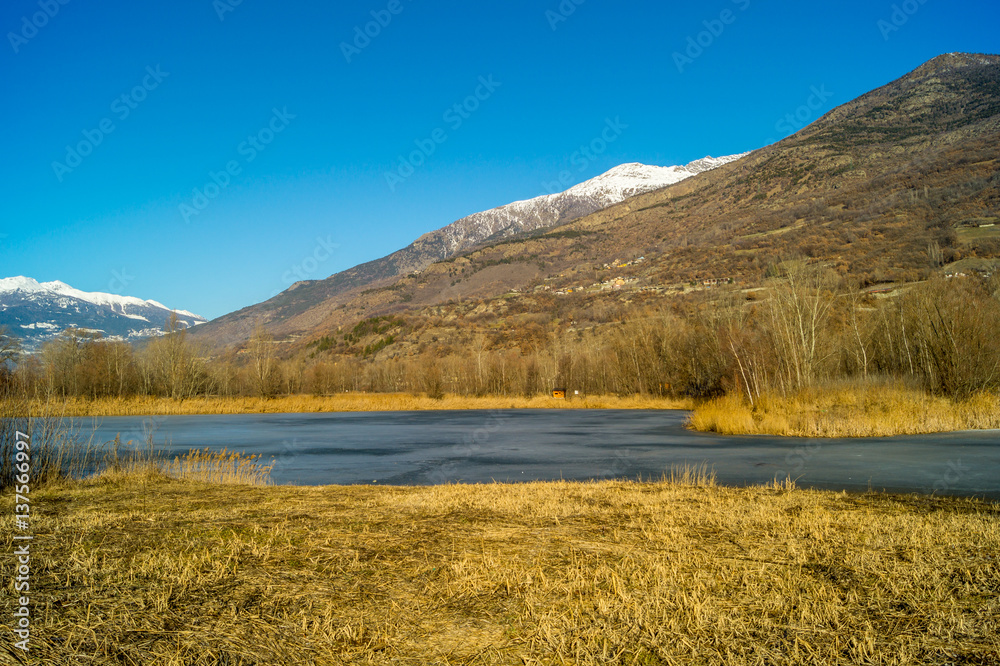 mountain panorama, with frozen lake, trees and forest