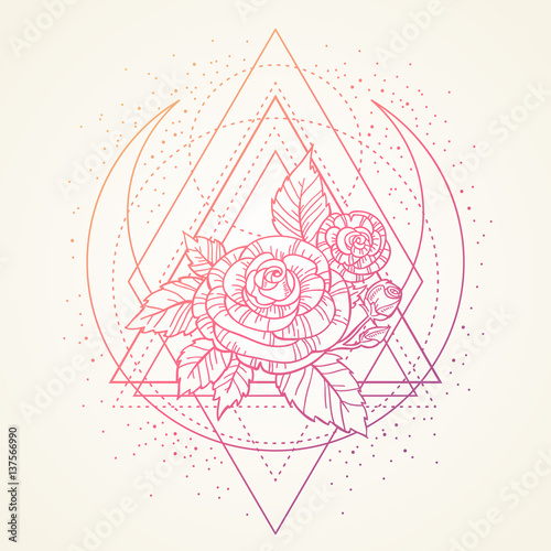 rose flower with sacred geometry frame. Tattoo, mystic symbol. Boho print, poster. textiles. dreamy gradient ink on light background. Hand-drawn, retro card design. Isolated vector illustration.