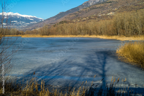 mountain panorama  with frozen lake  trees and forest