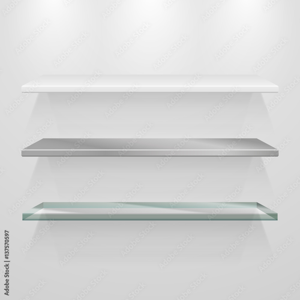 Set of metal, glass and plastic 3d vector shelves on gray wall, vector illustration Set of metal, glass and plastic 3d vector shelves on gray wall, vector illustration
