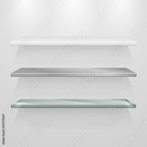 Set of metal, glass and plastic 3d vector shelves on gray wall, vector illustration