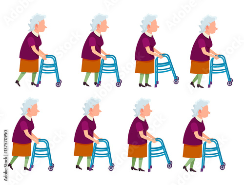 Old Woman with Rolling Walker Simple Cartoon Style