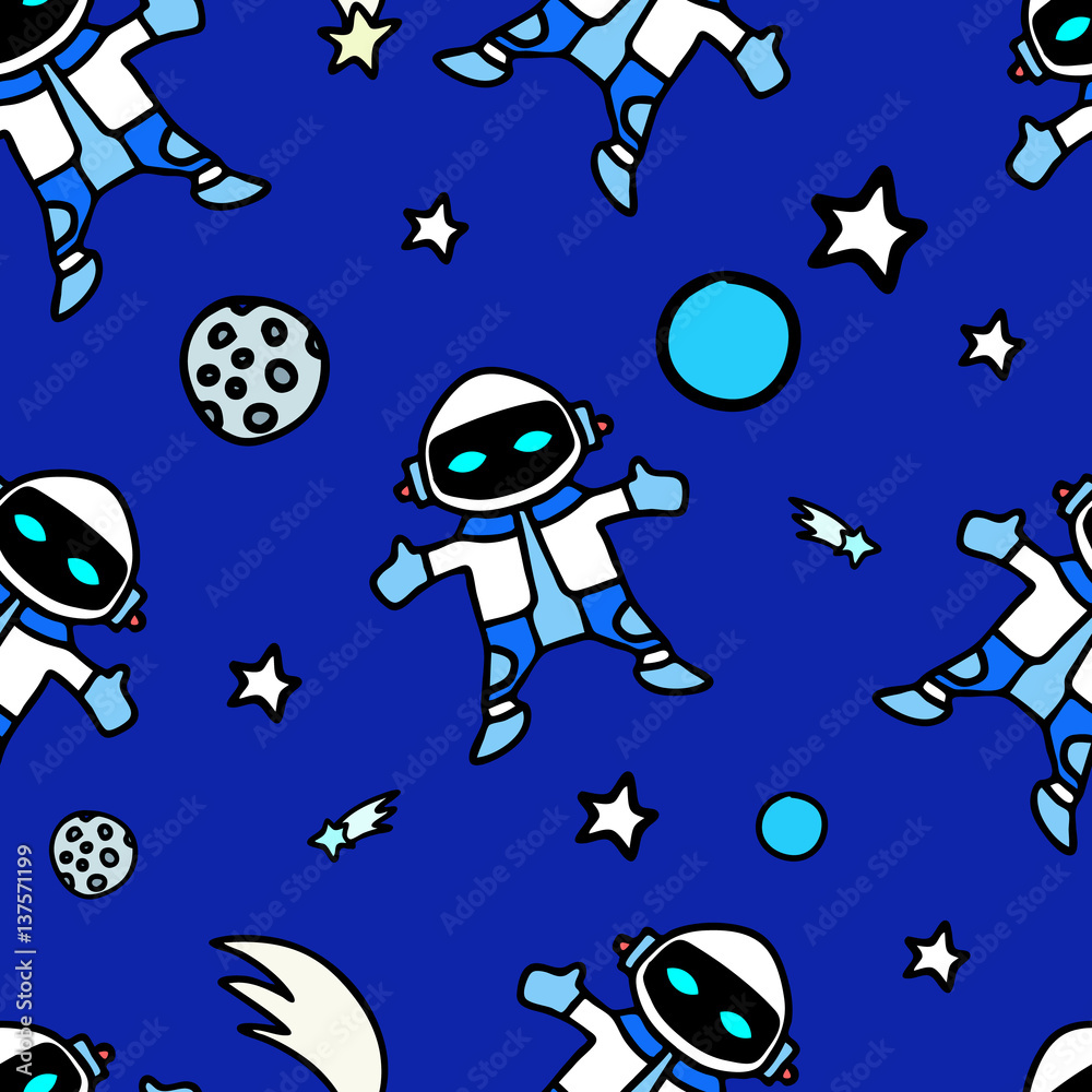 Seamless pattern with robots, planets, stars and comets Seamless pattern with robots, planets, stars and comets