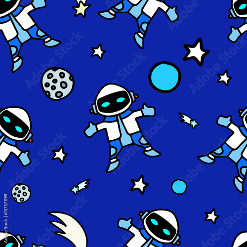 Seamless pattern with robots, planets, stars and comets