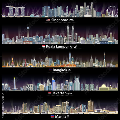 Singapore, Kuala Lumpur, Bangkok, Jakarta, Manila cities skylines at night vector set