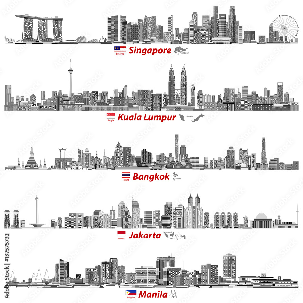 Singapore, Kuala Lumpur, Bangkok, Jakarta and Manila skylines at night (with flags and maps of their countries) in black and white color palette vector illustrations