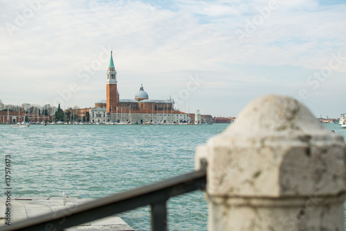 Panorama of Venice,Italy,Venice, 10 February 2017, panorama of the Venetian Lagoon, overlooking the island of San Giorgio Maggiore,the foreground is blurred