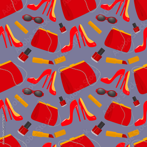 Seamless pattern with female fashion accessories: women's handbag, lipstick, shoes, sunglasses and nail polish