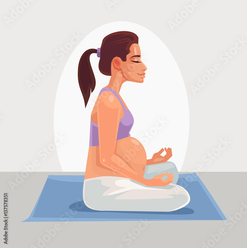 Happy pregnant woman character doing yoga. Vector flat cartoon illustration