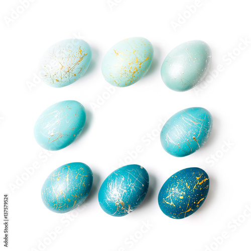 Easter eggs set. Frame of 8 blue   easter eggs  with copy space for text. isolated.  Ester concept