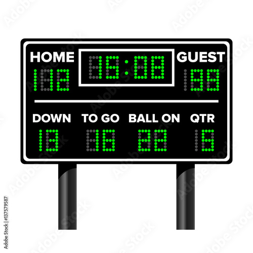 American Football Scoreboard. Sport Game Score. Digital LED Dots. Vector Illustration. Time, Guest, Home.