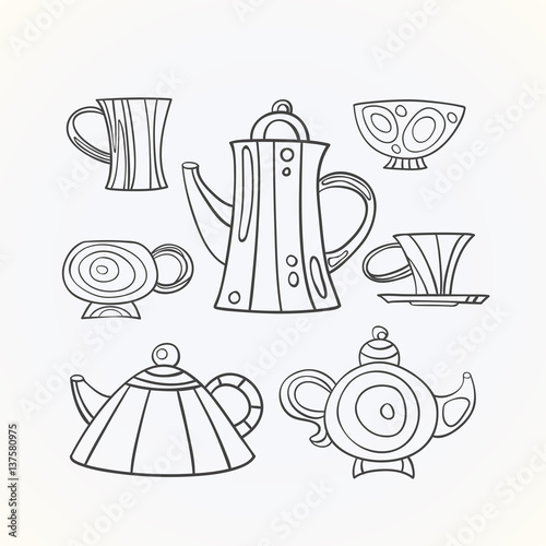 Set of hand-painted teapots and cups. The pattern for the coloring books. Monochrome gamma .