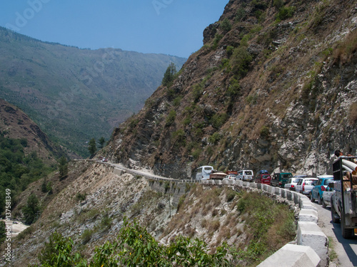 Traffic jam in the Himalayas. The road to Shimla. India.