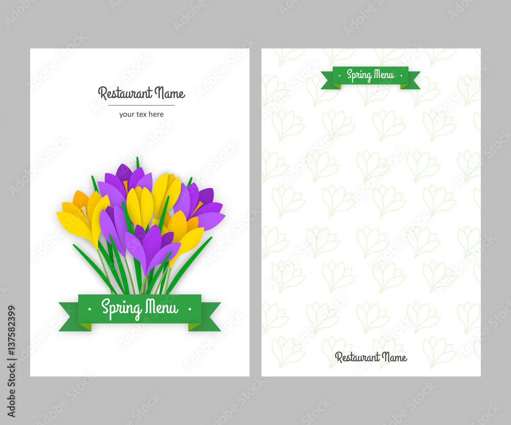 Restaurant spring double sided menu card design business templates. Colored paper flowers yellow and purple crocuses with leaves and green ribbon with white inscription. Vector illustration