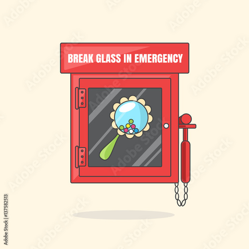 Red emergency box with in case of emergency breakable glass. Box