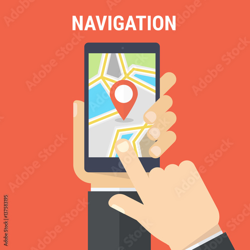 Hand holding smartphone and touching screen with mobile map gps navigation. Finding the way concept. Flat vector illustration.