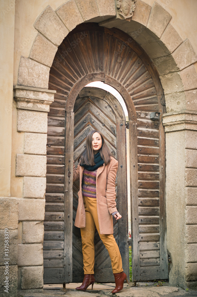beautiful girl near old wooden gate in the city