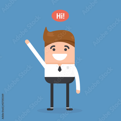 Successful young businessman character saying hi with speech bubble, front view. Business, job, professional, consultant concept. EPS10 vector illustration