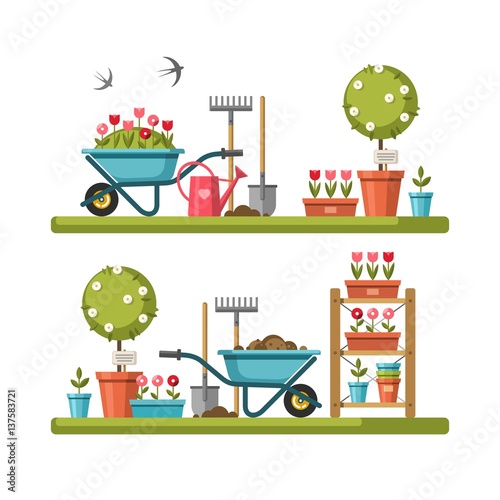 Concept of gardening. Garden tools. Vector illustration.